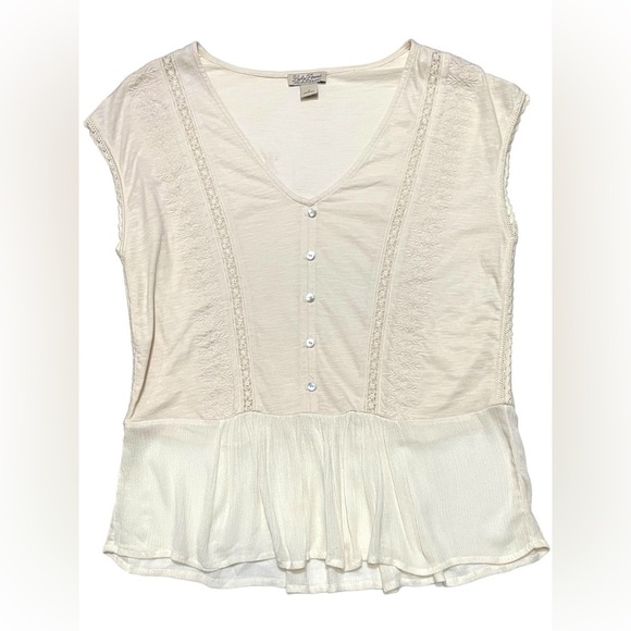 LUCKY BRAND Ivory Woven Embroidered Peplum Slub Knit Top Women’s Size Small - Picture 3 of 16
